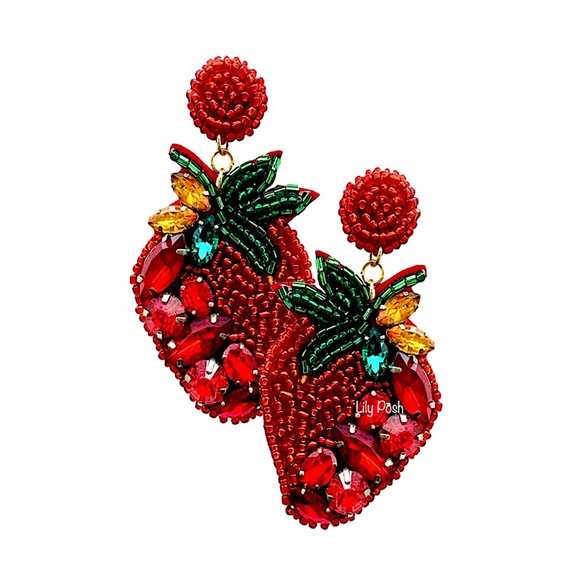 Strawberry Earring, Beaded Fruit Statement Earring, Lily Posh - Picture 1 of 2